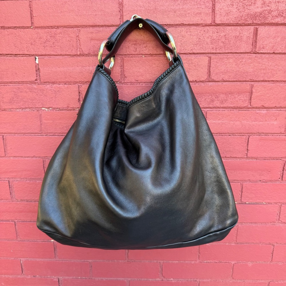 Gucci Black Leather Braided Trim Hobo Bag Gold Ring Hardware Made in Italy